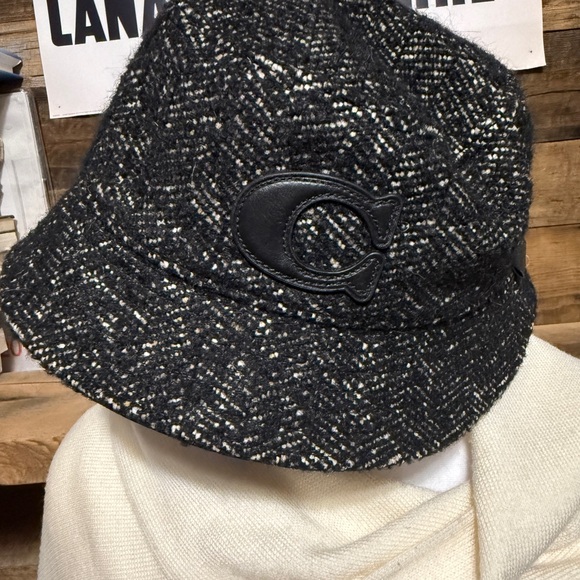 Coach Accessories - Coach Textured Black Tweed Bucket Hat with Leather 'C' Patch